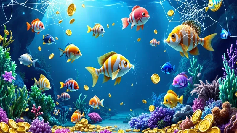 Suasana layar permainan tembak ikan dengan target berwarna-warni
